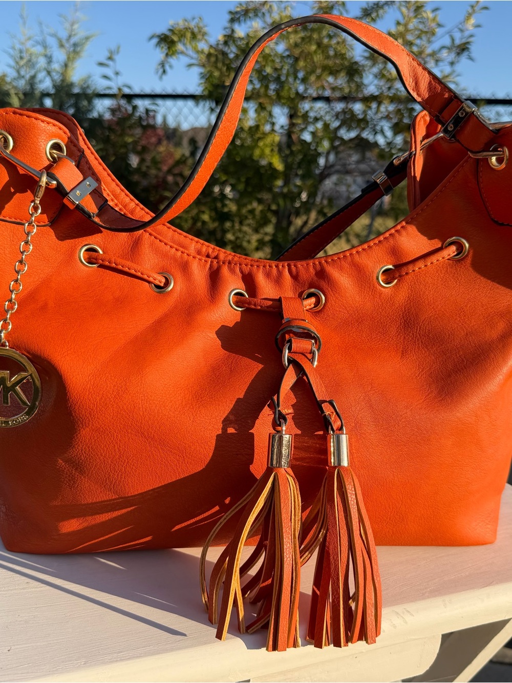 Michael Kors Bright Orange Leather Shoulder Bag with Tassels - Picture 2 of 8